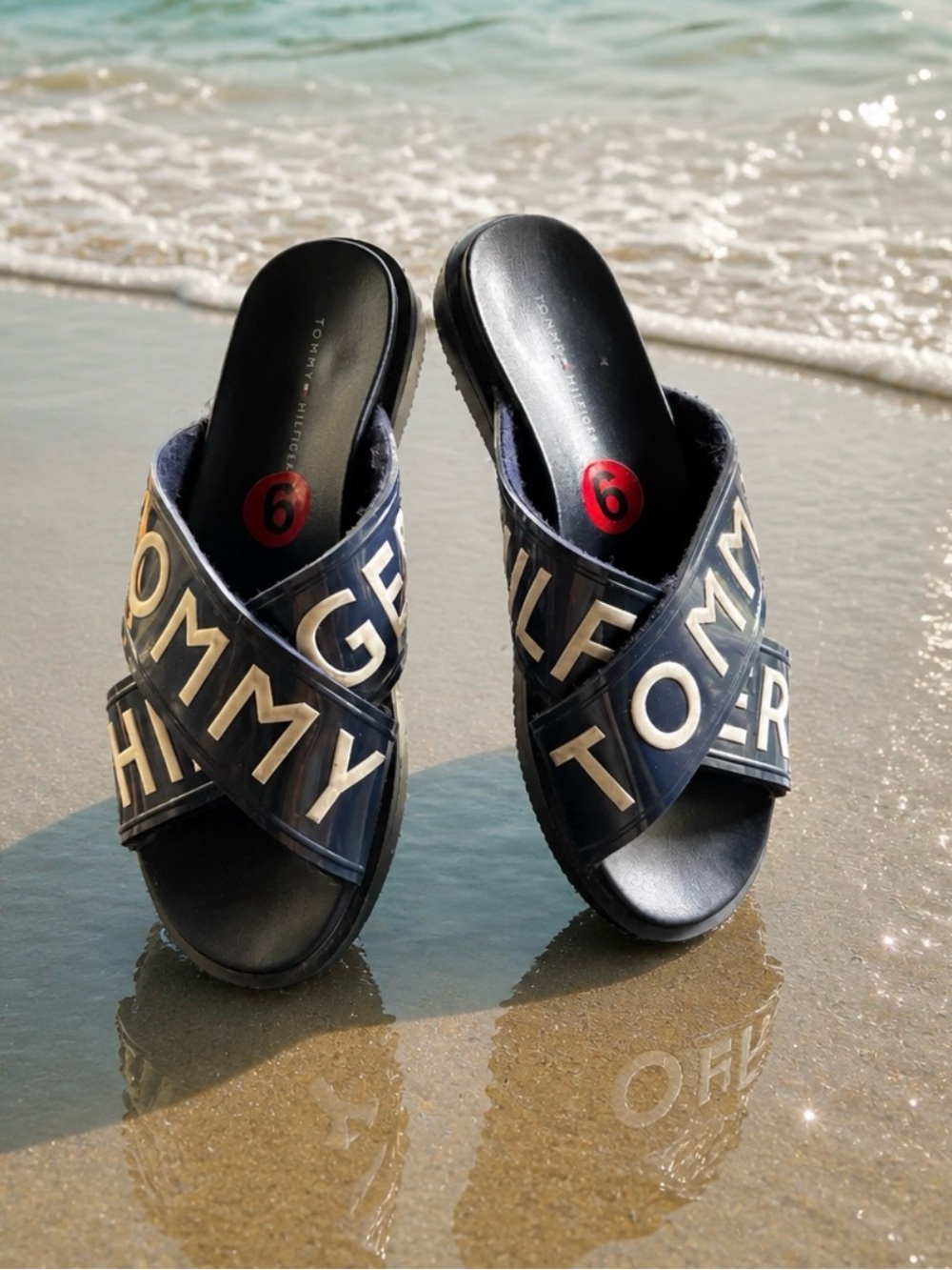 Tommy Hilfiger Navy Cross-Strap Logo Slide Sandals - Women's